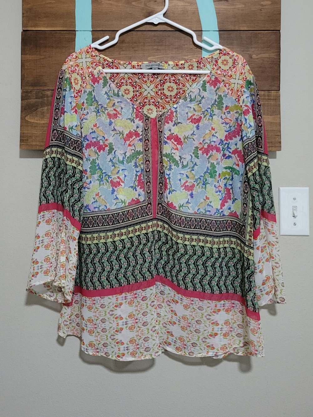 Boho Floral Patchwork 3/4 Bell Sleeves Sheer Popover Peasant Top - Multicolor